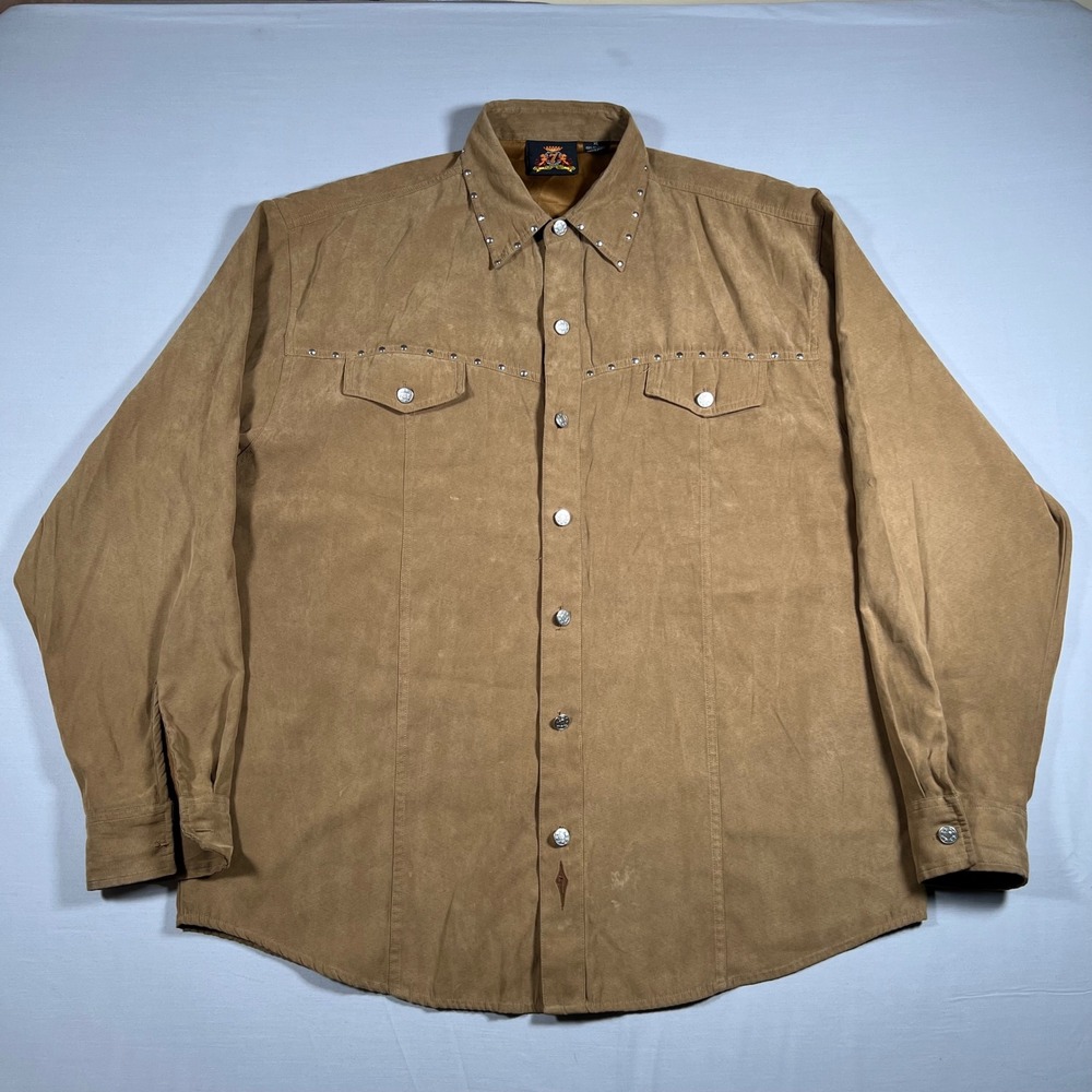 7 Diamonds Mens XL Western Faux Suede Studded Button Up Shirt Tan Brown Cowboy
